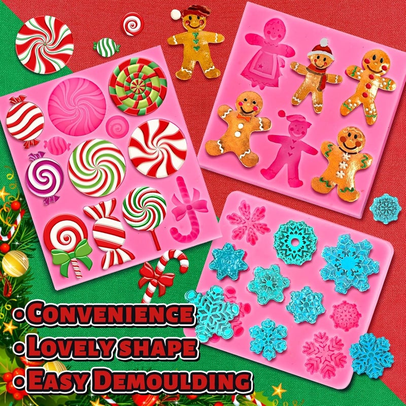 Whaline 3Pcs Christmas Candy Fondant Mold Pink Gingerbread Man Snowflake Silicone Mold Assorted Chocolate Candy Mould for Xmas Winter Party Cupcake Sugar Craft Gum Resin Clay - Image 3